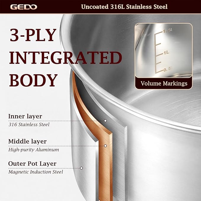 GEDO Food-Grade 316L Stainless Steel Sauce Pan with Glass Lid, 3-Ply Integrated Body Uncoated Cooking Pot, Universal for Induction Gas Ceramic Stovetops, Multi-Purpose Kitchen Cookware (2.7, Quarts) - Image 6