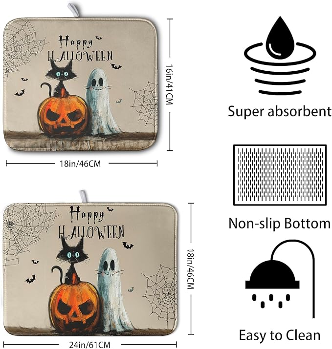 Happy Halloween Dish Drying Mat for Dishs 16x18 Inch Halloween Pumpkin Ghost Black Cat Kitchen Drying Mat Spooky Spiderweb Holiday Dish Drainer Mat Super Absorbent Dish Rack Pad for Coffee Bar Sinks - Image 2