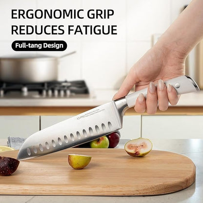 KnifeSaga Kitchen Knife Set Premium, Japanese High Carbon Stainless Steel 15 Pcs Enduring Ultra Sharp Knife Block Set with Sharpener and Wood Block, Professional White Chef Knives set for Kitchen