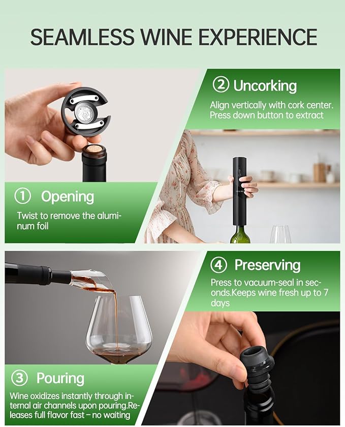 CIRCLE JOY Rechargeable Wine Opener Electric Wine Bottle Opener 7-in-1 Wine Gift Set with Electric Vacuum Pump, Charging Station, Foil Cutter, Wine Aerator Pourer and 2 Wine Stoppers - Image 5