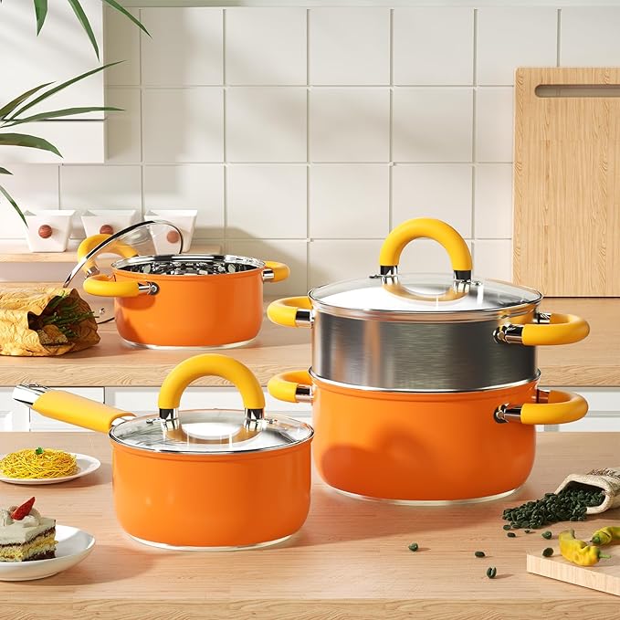 Stainless Steel Cookware Set, 5 Ply Pots and Pans Set 7 Piece, 4 3 2 QT Pot Pan with Lid and Steaming, Compatible with All Stovetops, Dishwasher Safe