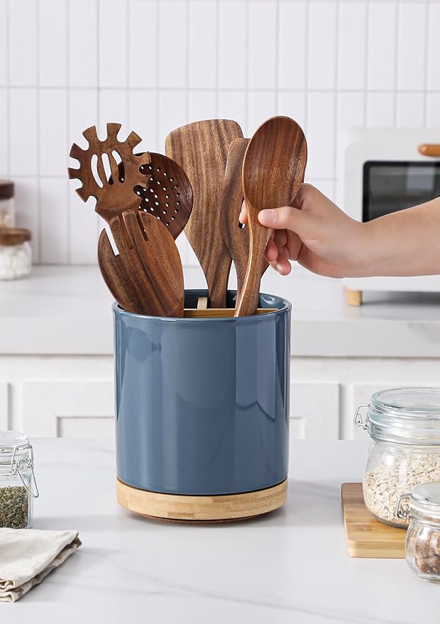 LoeJan 3 Compartment Utensil Holder, Extra Large Utensil Crock, Stable Ceramic Utensil Organizer, Cooking Tool Organizer Set for Kitchen Counter Farmhouse Decor, Blue - Image 6