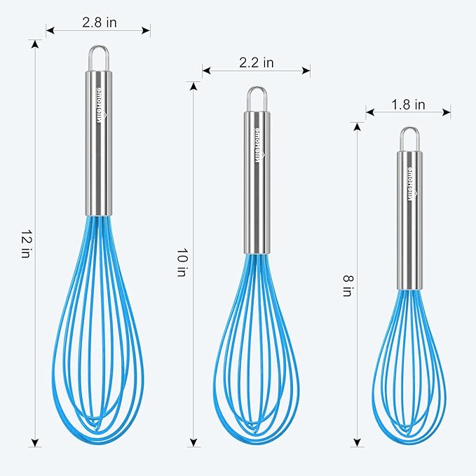 NileHome Whisk Commercial Stainless Steel wisk & Silicone Non-Stick Coated Small Whisk Set 8" 10" 12" Kitchen Wisk Wire Whisks for Cooking 3 Pack, Bule - Image 2