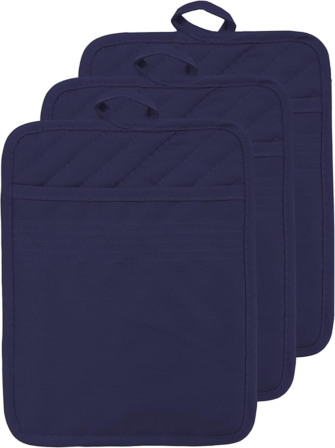 Oven Pot Holder with Pocket Cotton Heat Resistant Coaster Potholder Kitchen Hot Pad Oven Mitts for Cooking Square 7"x9" Set of 3 (Navy Blue) by VEIKERY