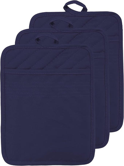 Oven Pot Holder with Pocket Cotton Heat Resistant Coaster Potholder Kitchen Hot Pad Oven Mitts for Cooking Square 7"x9" Set of 3 (Navy Blue) by VEIKERY