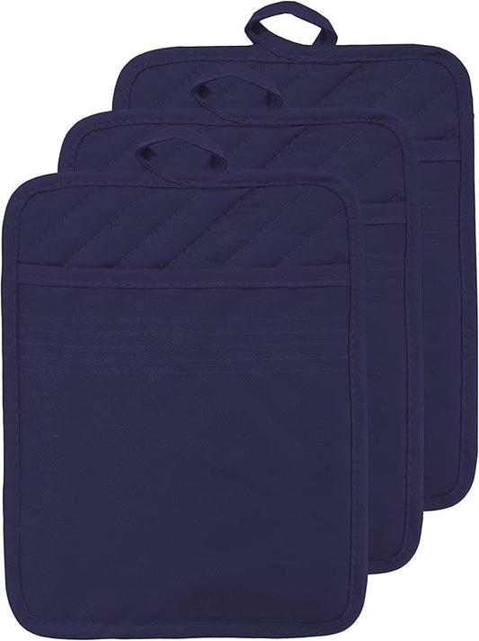 Oven Pot Holder with Pocket Cotton Heat Resistant Coaster Potholder Kitchen Hot Pad Oven Mitts for Cooking Square 7"x9" Set of 3 (Navy Blue) by VEIKERY