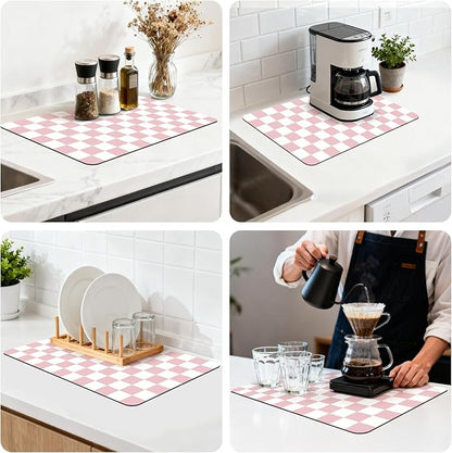 12" x 20" Checkered Dish Drying Mat for Kitchen Counter, Absorbent Coffee Bar Mat for Espresso Machine Coffee Countertops Accessories, Pink - Image 8