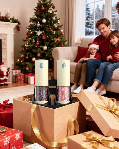 Electric Salt and Pepper Grinder Set - Automatic Refillable Salt and Pepper Grinders with Charging Base & LED Light, 6-Level Adjustable Coarseness with External Dial, Ideal Kitchen Gadget，Beige - Image 2