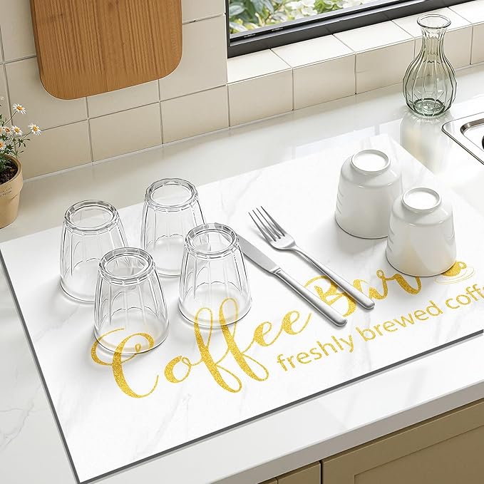 Findosom Dish Drying Mat, 16"x 24" Super Absorbent & Hide Stain Coffee Mat, Cuttable Drying Mat for Kitchen Counter, Coffee Bar Accessories, Under Dish Rack, Coffee Maker, Espresso Machine, White - Image 4
