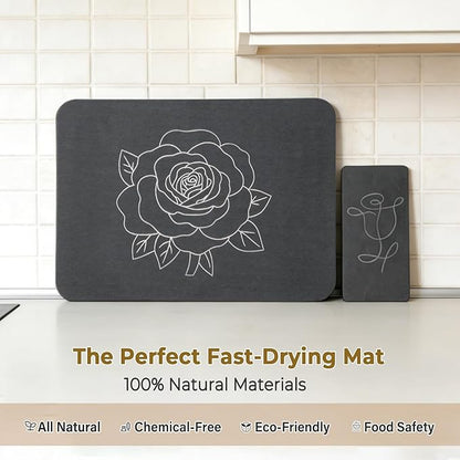 Stone Dish Drying Mat for Kitchen Counter, Glittery Resin Rose Pattern Quick Drying Mat, Water Absorbing Diatomaceous Pad for Plate Bottle Utensil Rack,Space Saving (Silver & Grey 16"×12" & 8"×4")