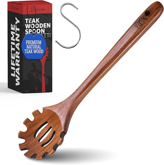 PriorityChef Premium Wooden Pasta Spoon - Handcrafted Teak Wood Spaghetti Spoon with Teeth - Durable Wooden Spaghetti Utensil - Wooden Pasta Fork and Spaghetti Noodle Spoon for Serving