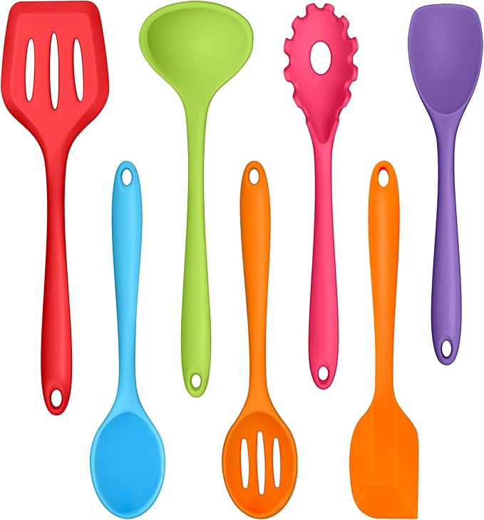 TeamFar Silicone Kitchen Utensils, 7-Piece Kitchen Cooking Utensil Set with Turner Spoon Spatula Ladle, Perfect for Baking Cooking Mixing, Heat-Resistant & Non-Toxic, Dishwasher Safe & Multi Colored by TeamFar