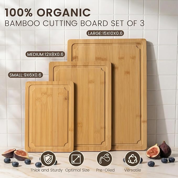 Extra Large Cutting Board Set of 3, Bamboo Cutting Boards for Kitchen with Juice Groove and Handles Kitchen Chopping Board for Meat Cheese board Heavy Duty Serving Tray, Empune - Image 3