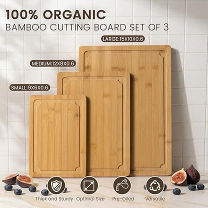 Extra Large Cutting Board Set of 3, Bamboo Cutting Boards for Kitchen with Juice Groove and Handles Kitchen Chopping Board for Meat Cheese board Heavy Duty Serving Tray, Empune - Image 3