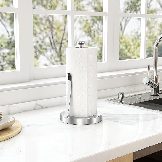 Jesginboo Brushed Nickel Paper Towel Holder for Kitchen, Stainless Steel Tension Arm for One-Handed Tear, Countertop Paper Towel Holder for Bathroom