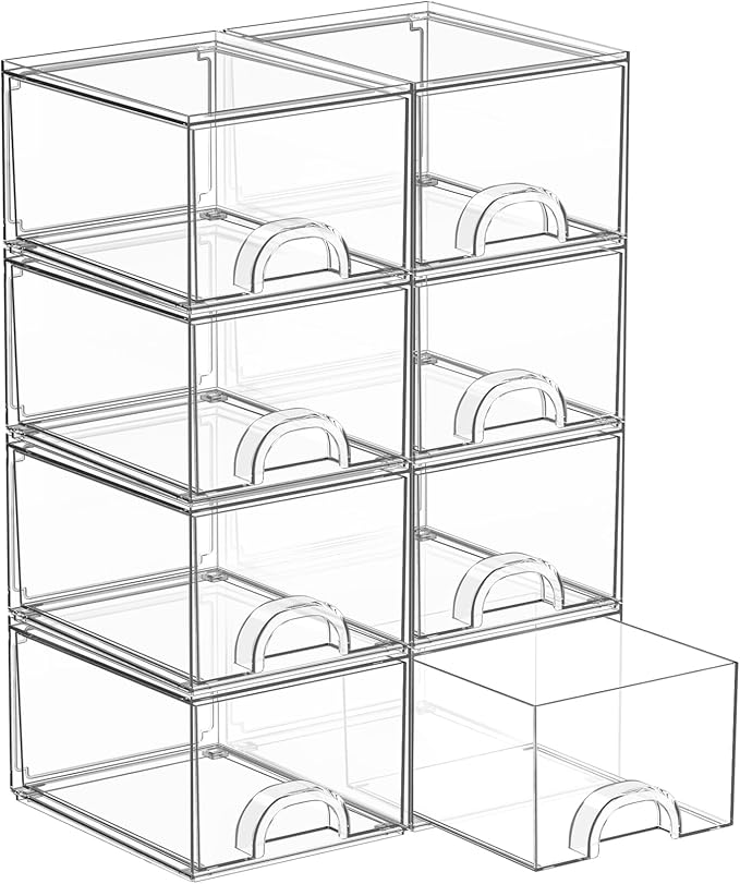 8 Pack Small Clear Stackable Acrylic Storage Boxes Storage Drawers, Storage Organizer, Clear Plastic Makeup Organizer, Ideal for Vanity, Cabinet, Desk Organization by Unknown