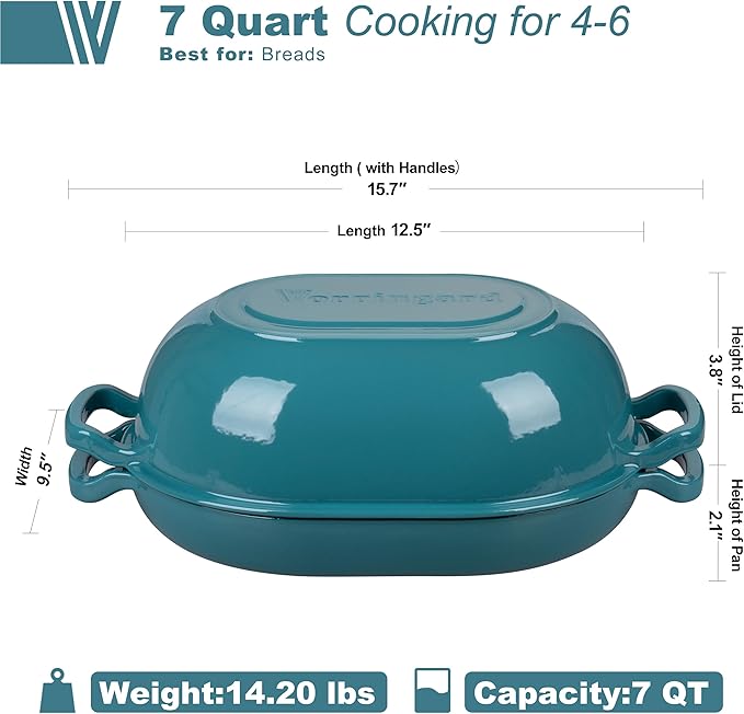 VORRINGARD Enameled Cast Iron Sourdough Bread Oven, Dutch Oven, Loaf Cast Iron Bread Pan for Homemade Bread Baking, Meatloaf Pan with Lid, 7QT, Bluegreen - Image 2