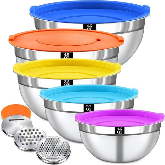 8PCS Mixing Bowls with Lids Set - 5 Nesting Mixing Bowls, 3 Grater Attachments, Lids, Stainless Steel Mixing Bowls for Mixing & Serving, Size 1.5/2.1/3.5/4/4.5 QT, Colorful by Boskermeal