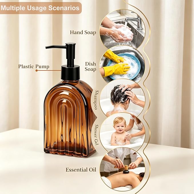 Amber Glass Soap Dispenser with Plastic Pump, 13.5Oz Refillable Liquid Farmhouse Soap Dispenser for Hand and Dish Set for Bathroom Countertop Decor