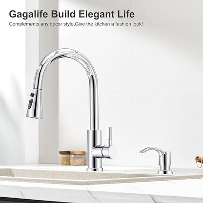 GAGALIFE Kitchen Sink Soap Dispenser with 17 Ounce Large Bottle, Built in Sink Soap Dispenser (Chrome) Soap Dispenser for Kitchen Sink Refill from Top, G080C