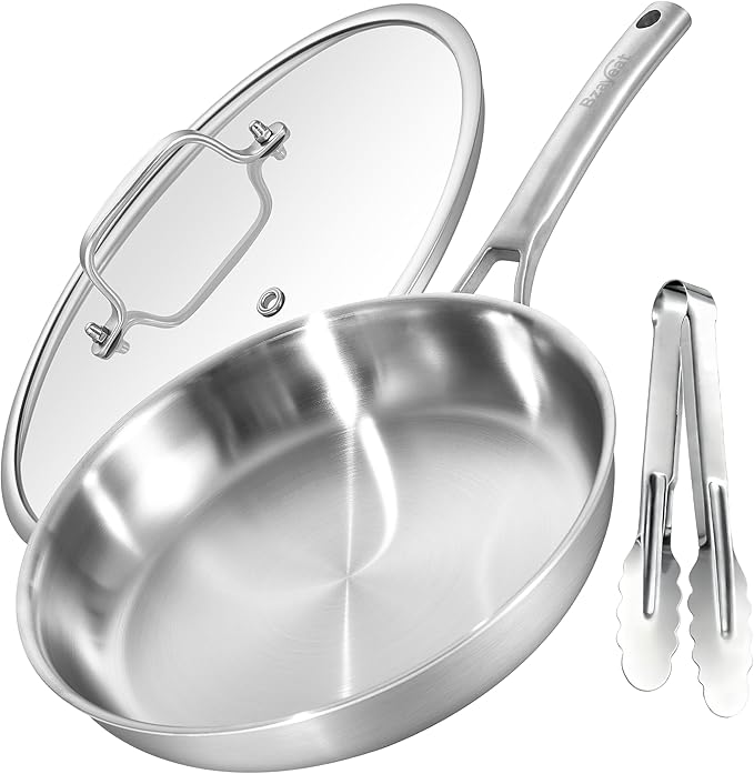 12 Inch Stainless Steel Pan with Lid & Kitchen Tongs, 3-Ply Stainless Steel Frying Pan, Induction Compatible Skillet with Even Heat for Searing, PFOA-FREE, SGS-Certificated