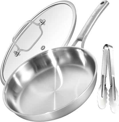 12 Inch Stainless Steel Pan with Lid & Kitchen Tongs, 3-Ply Stainless Steel Frying Pan, Induction Compatible Skillet with Even Heat for Searing, PFOA-FREE, SGS-Certificated