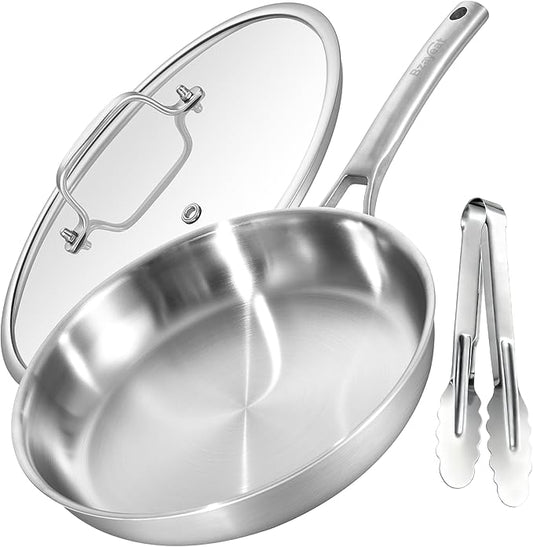 12 Inch Stainless Steel Pan with Lid & Kitchen Tongs, 3-Ply Stainless Steel Frying Pan, Induction Compatible Skillet with Even Heat for Searing, PFOA-FREE, SGS-Certificated