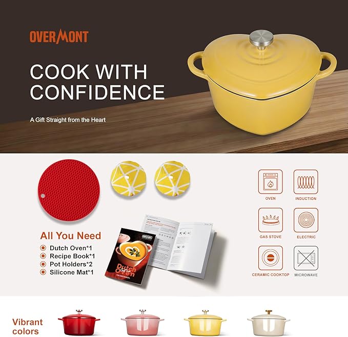 Overmont Enameled Cast Iron Dutch Oven - Heart-Shaped Pot with Lid Cookbook & Cotton Pot Holders - Mini Cookware Oven Safe to 500°F for Sourdough Baking Soups Stews - Great Gift for Wedding Birthday Housewarming 2QT Yellow