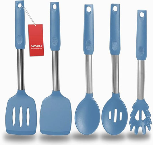 Silicone Spatula and Cooking Spoon,5 Pack Solid & Slotted Spoons and Spatulas High Heat resitant for Kitchen, Stainless Steel Handle Coated with Silicone, Non Stick Utensil, Starry blue by VOVOLY