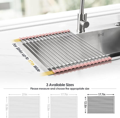 Tomorotec 17.7" x 12.5" Roll Up Dish Drying Rack Over Sink Drying Rack Sink Cover Kitchen Sink Accessories Gadget Multipurpose Organizer Foldable Stainless Steel Drainer - Image 4