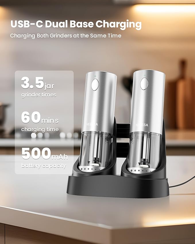 Electric Salt and Pepper Grinder Set with Rechargeable Base - Automatic Refillable Electric Salt and Pepper Shakers with Large Capacity, LED Light & Adjustable Coarseness, Stainless Steel - Image 3