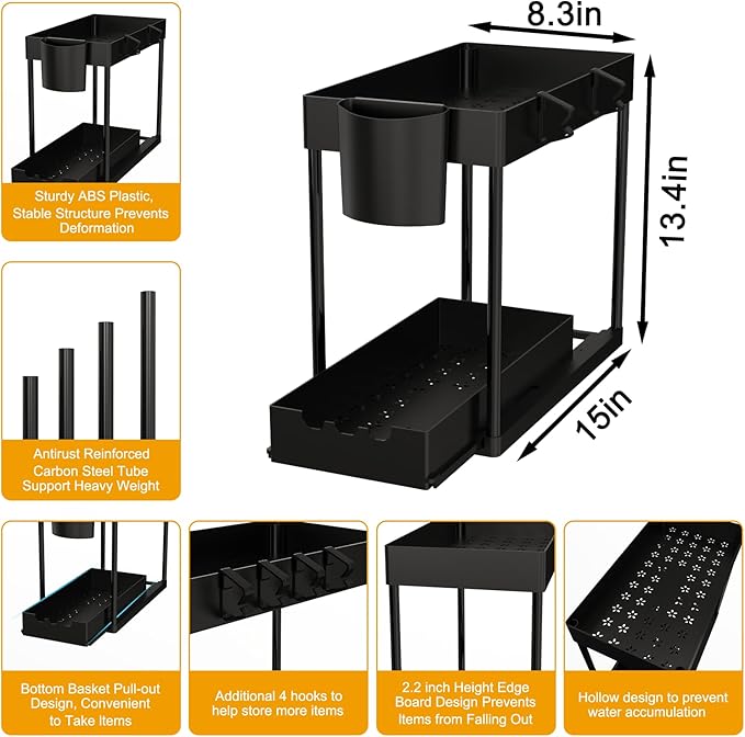 2 Pack Under Sink Organizers and Storage, 2-Tier Sliding Cabinet Organizer Drawer for Bathroom and Kitchen – Multi-Purpose Cabinet Organizer with Easy Pull-Out Design (Black) - Image 2