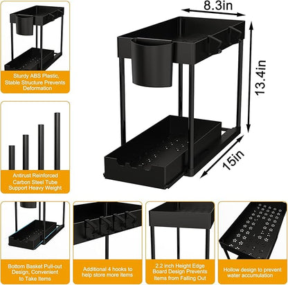 2 Pack Under Sink Organizers and Storage, 2-Tier Sliding Cabinet Organizer Drawer for Bathroom and Kitchen – Multi-Purpose Cabinet Organizer with Easy Pull-Out Design (Black) - Image 2