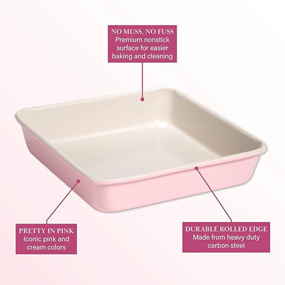 Paris Hilton Nonstick Carbon Steel Bakeware Collection, 9-Inch Square Cake Pan, Dishwasher Safe, Made without PFOA and PFAS, Pink Cream Two-Tone