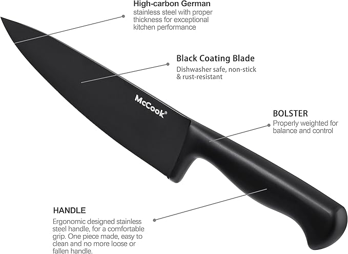 McCook® Premium Black Knife Sets,German Stainless Steel Kitchen Knives Block Set with Built-in Sharpener - Image 3