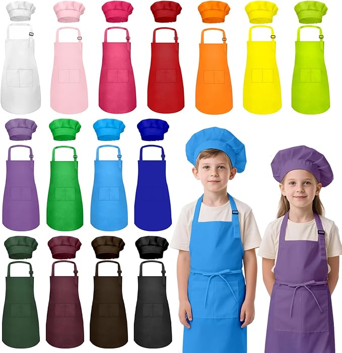 Kids Apron and Chef Hat Set, 30 Pieces Boys Girls Kids Apron with 2 Pockets Adjustable for Cooking Classroom Baking Painting, 6-13 Years, Multicolor