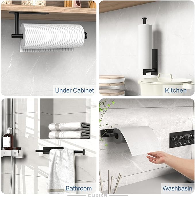 CUXIXA Paper Towel Holder Under Cabinet 2 Pack, Under Counter Paper Towel Holder Wall Mount with Self Adhesive and Screws for Kitchen, Bathroom, RV(Stainless Steel, Black) - Image 2