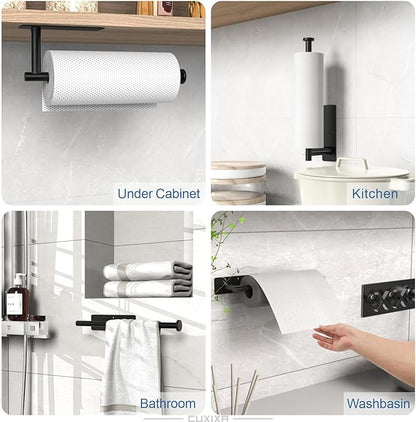 CUXIXA Paper Towel Holder Under Cabinet 2 Pack, Under Counter Paper Towel Holder Wall Mount with Self Adhesive and Screws for Kitchen, Bathroom, RV(Stainless Steel, Black) - Image 2