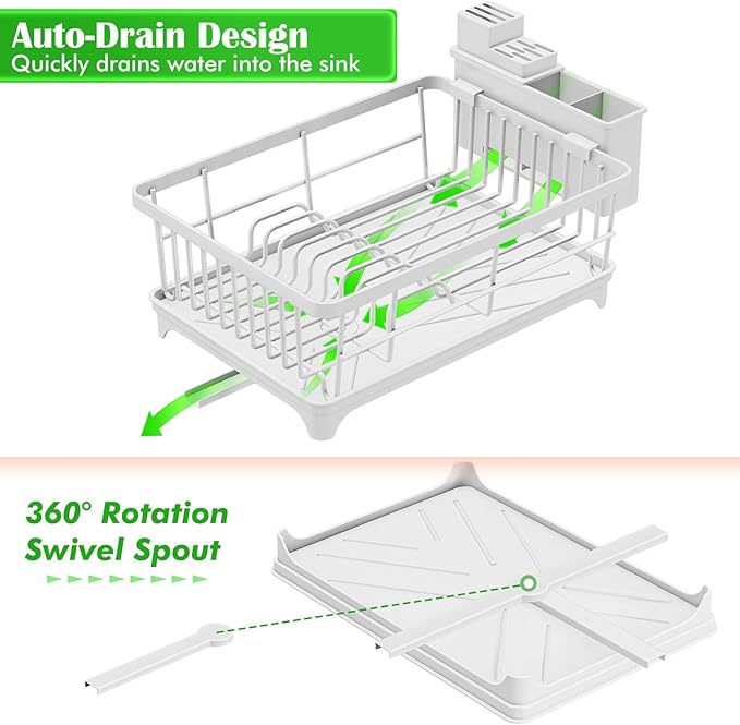 Kmiectse Dish Drying Rack - Space-Saving Small Dish Rack for Kitchen Counter, Rust-Resistant Kitchen Drying Rack, Compact Dish Drainer Organizer with Utensil Holder for Home Kitchen, White - Image 6