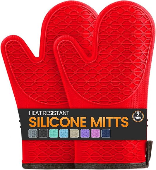 Silicone Oven Mitts, Heat Resistant 2PCS Oven Mitts with Soft Cotton Lining, Waterproof Non-Slip Grip Oven Glove, Kitchen Potholder Mits for BBQ, Baking, Cooking, 12.5 Inch - Red by Unknown