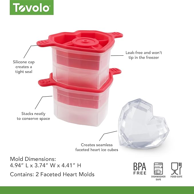 Tovolo Heart Shaped Ice Cubes Mold Pack of 2 Large Craft Ice Molds for Whiskey Bourbon Cocktails, Easy Fill No Leak Silicone Ice Molds Gift for Him Stackable Dishwasher Safe BPA Free Heart Ice - Image 6