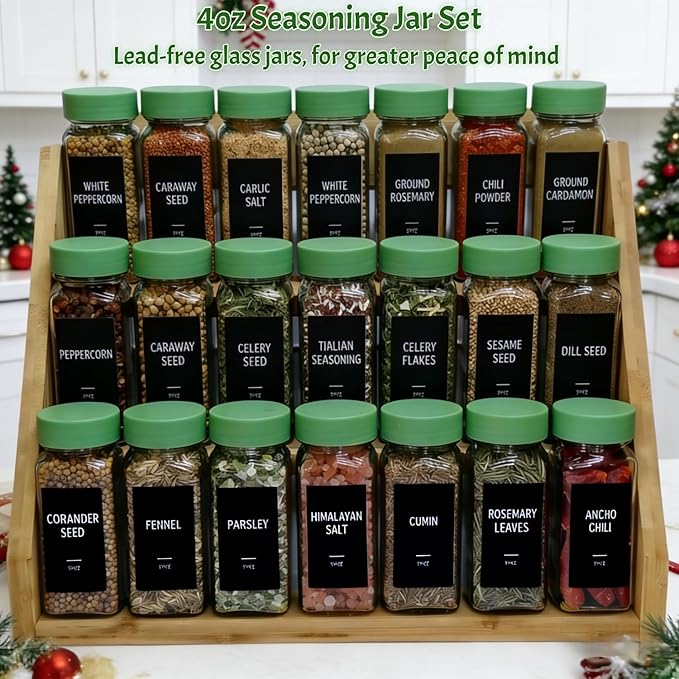 Spice Jars with Labels - 24 Glass Spice with Shaker Lids & Airtight Plastic Caps - 4oz Complete Seasoning Containers Organizer Set for Cabinet, Drawer & Rack (Green) - Image 3