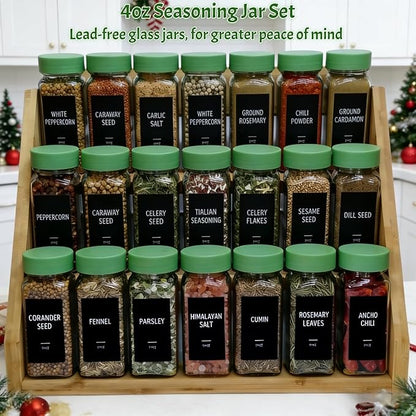 Spice Jars with Labels - 24 Glass Spice with Shaker Lids & Airtight Plastic Caps - 4oz Complete Seasoning Containers Organizer Set for Cabinet, Drawer & Rack (Green) - Image 3