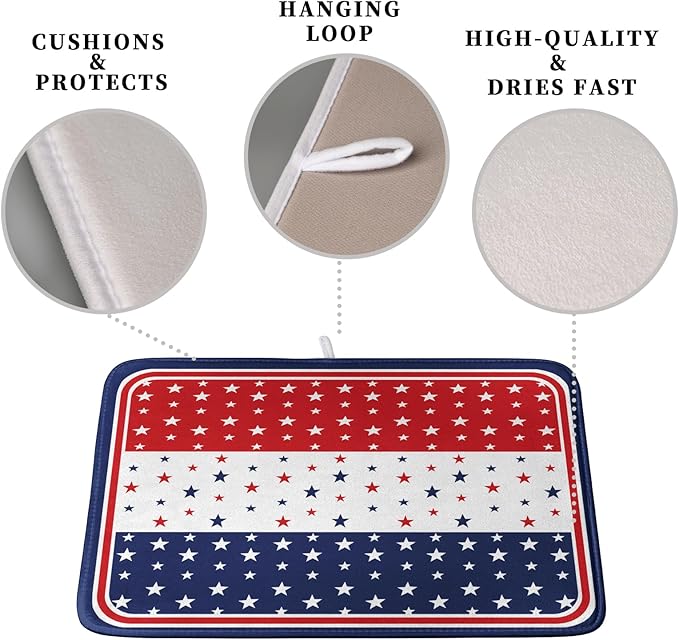 4th of July Dish Drying Mat for Kitchen Counter Patriotic Red White Blue Stars Drying Pad Microfiber Absorbent Dish Draining Mat Microfiber Independence Day Dish Drainer Rack Mats 16x18 Inch - Image 3
