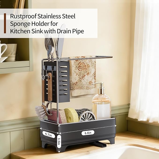 MOUKABAL Sponge Holder for Kitchen Sink, 2-Tier Sink Caddy Organizer with Drain Holes and Hooks, Holds Dishcloth, Sponge & Brushes, Kitchen Countertop Storage for New Home Essentials Grey - Image 2