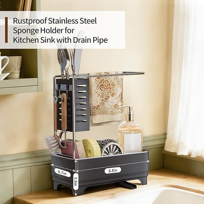 MOUKABAL Sponge Holder for Kitchen Sink, 2-Tier Sink Caddy Organizer with Drain Holes and Hooks, Holds Dishcloth, Sponge & Brushes, Kitchen Countertop Storage for New Home Essentials Grey - Image 2