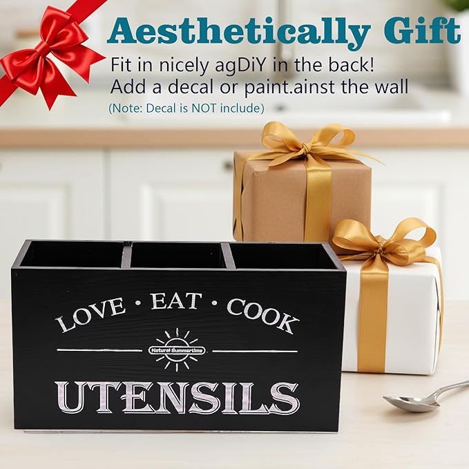 2 PC Wooden Utensil Holder,（With 4-Compartments size*1 + 3-Compartments size*1） Extra Large Kitchen Counter,Cooking Spatula Organizer,Farmhouse Decor, Rustic Cooking Utensil - Image 6