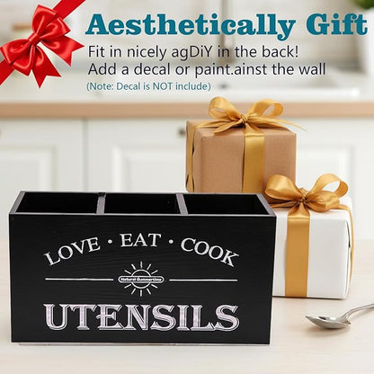 2 PC Wooden Utensil Holder,（With 4-Compartments size*1 + 3-Compartments size*1） Extra Large Kitchen Counter,Cooking Spatula Organizer,Farmhouse Decor, Rustic Cooking Utensil - Image 6