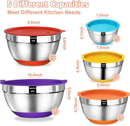 Umite Chef Mixing Bowls with Airtight Lids Set, 8PCS Stainless Steel Nesting Bowls Set, 3 Grater Attachments & Non-Slip Bottoms, Size 5, 4, 3.5, 2, 1.5QT for Baking & Mixing(Colorful) - Image 6