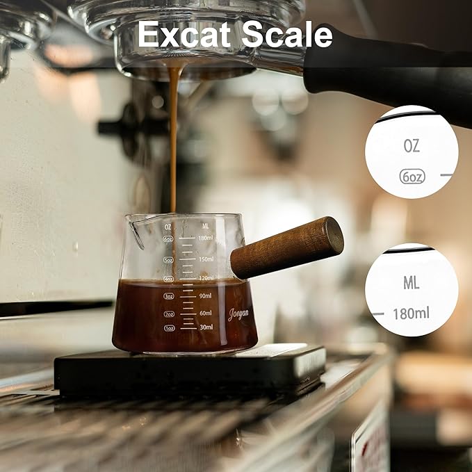 Joeyan 6 oz Glass Measuring Cup with Double Spouts,Borosilicate Espresso Shot Glasses with Wooden Handle,Claer Measuring Triple Milk Frothing Pitcher for Coffee Tea - Image 3